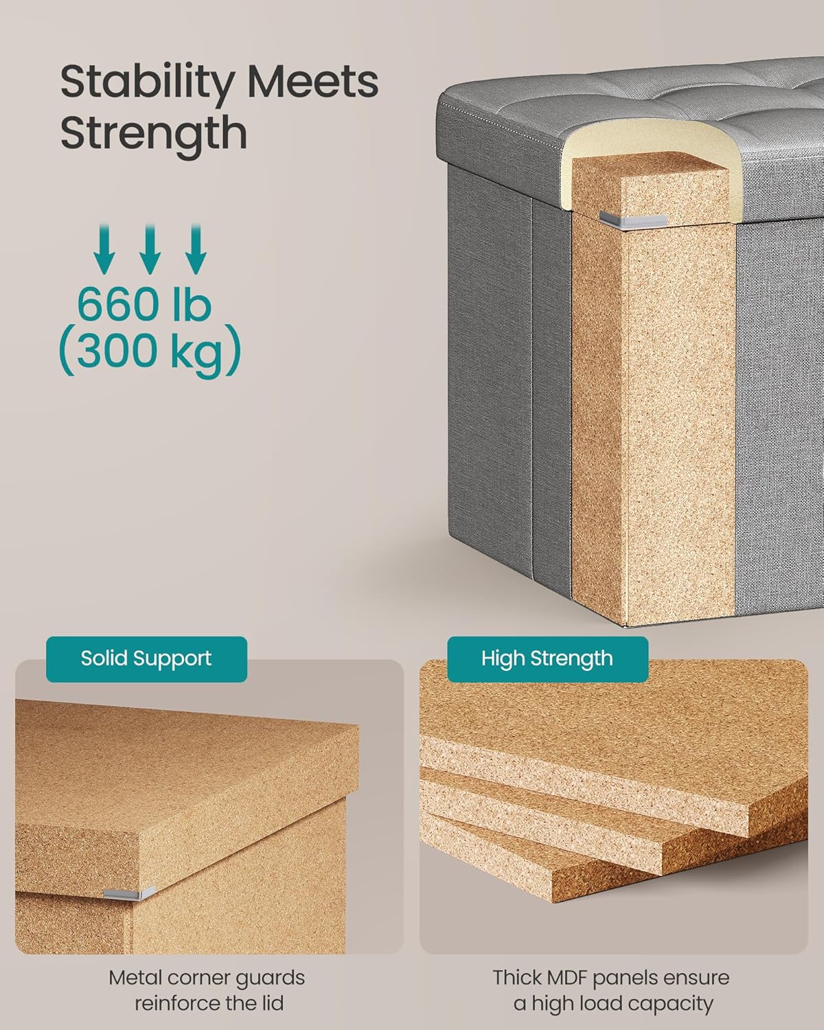 SONGMICS MAZIE Collection - 30 Inches Folding Storage Ottoman Bench, Ottoman Foot Rest, End of Bed Bench, Storage Chest, Load 660 lb, for Living Room, Bedroom, Entryway, Light Gray ULSF47G