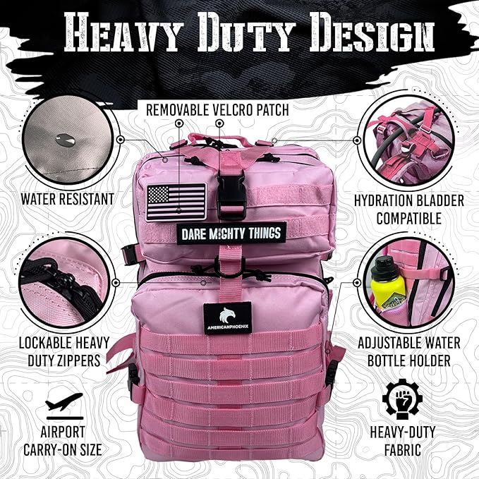 45L Elite Tactical Backpack | 3X Stronger Work & Military Backpack | Water Resistant and Heavy Duty | 3 Day MOLLE Bug Out Bag (Rose Pink)