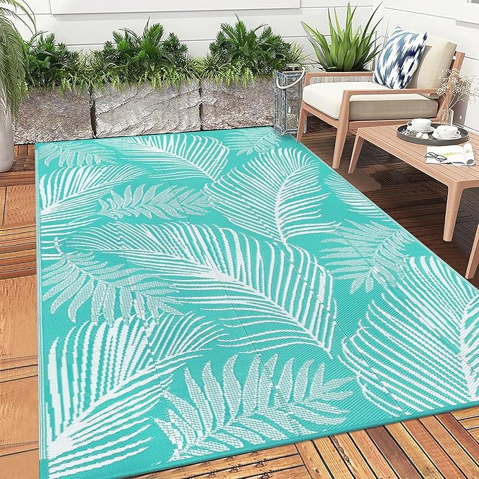 Pauwer Waterproof Outdoor Rug 8x10, Reversible Plastic Straw Patio Camping Rug, Indoor Outdoor RV Mat Carpet for Deck, Camper, Porch, Balcony, Backyard, Picnic, Leaf Light Blue