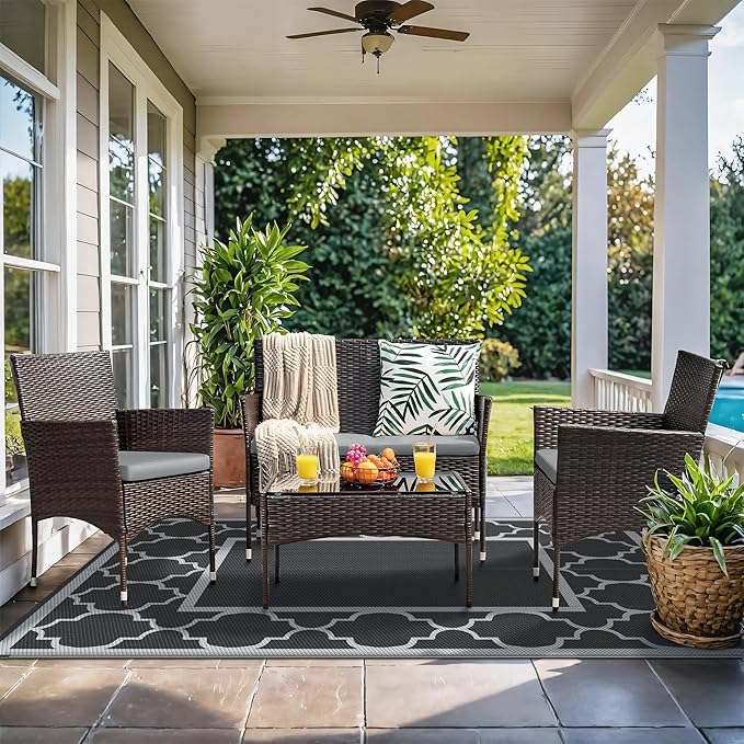 GENIMO 8' x 10' Outdoor Rug Patio Waterproof, Reversible Plastic Straw Area Rugs Mat for Camper Decor, Outside Carpet for Camping, Rv, Deck, Porch, Picnic, Beach, Balcony, Black & Grey