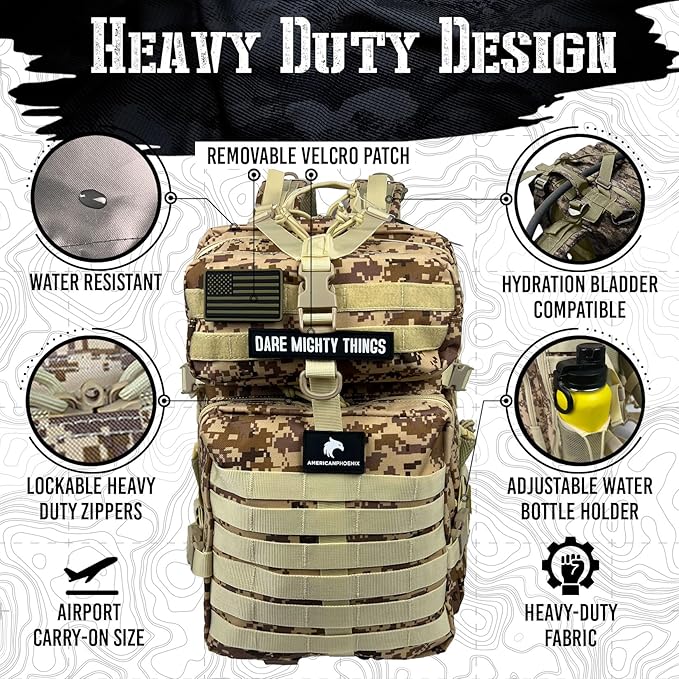 45L Elite Tactical Backpack | 3X Stronger Work & Military Backpack | Water Resistant and Heavy Duty | 3 Day MOLLE Bug Out Bag (Sand Storm)