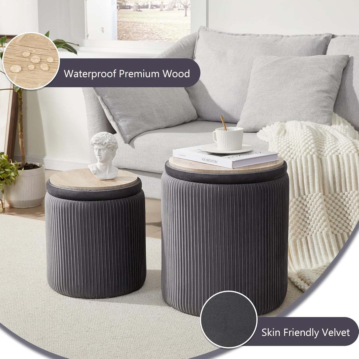 Royal Windsor Round Ottoman with Storage Set of 2,Vanity Stool with Storage for Bedroom, Ottoman Coffee Table,Small Velvet Foot Stool for Living Room,Grey