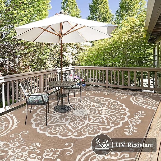 Pauwer Waterproof Outdoor Rug 10x14, Reversible Plastic Straw Patio Camping Rug, Indoor Outdoor RV Mat Carpet for Deck, Camper, Porch, Balcony, Backyard, Picnic, Boho Brown