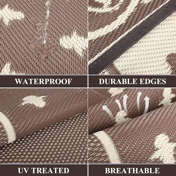 Pauwer Waterproof Outdoor Rug 8x10, Reversible Plastic Straw Patio Camping Rug, Indoor Outdoor RV Mat Carpet for Deck, Camper, Porch, Balcony, Backyard, Picnic, Bordered Brown
