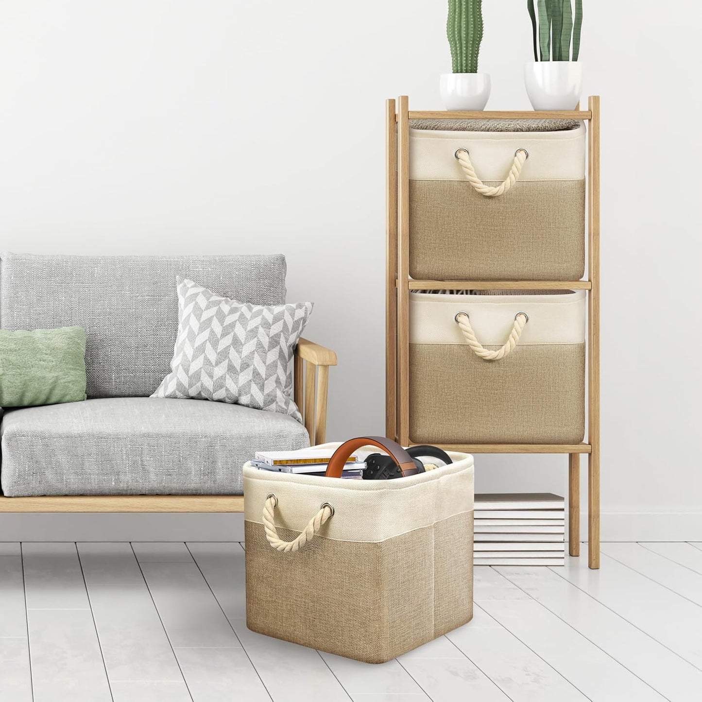 SIMPLE HOUSEWARE Fabric Storage Cubes, 13" x 13" Storage Bin, 3 Pack, Beige