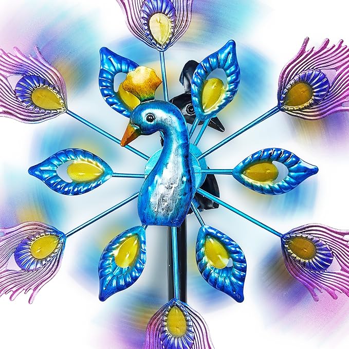 Alpine Corporation SLL2430 Double Layer Peacock Kinetic Wind Spinner Garden Stake, Colorful Statement Garden Décor, 55" H