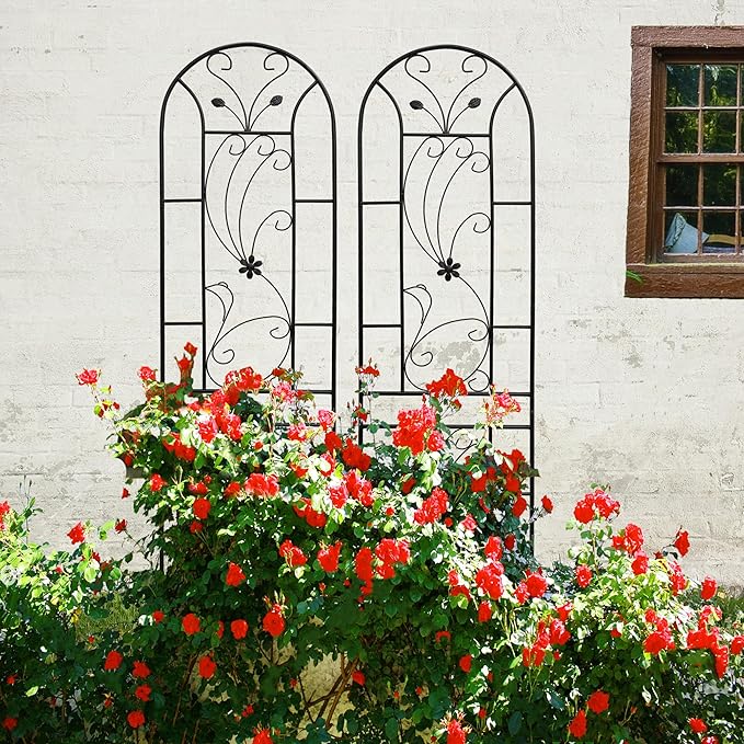 Metal Garden Trellis Rustproof Trellis for Climbing Plants Outdoor Flower Support Peacock Style (Black-2 Pack, 86.7"x19.7")