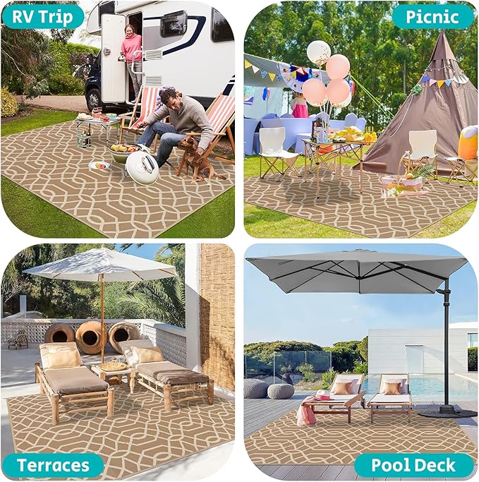 HEBE Outdoor Rug Waterproof 8x10, Reversible Plastic Straw Rug RV Camping Rug, Indoor Outdoor Patio Mat Clearance, Outside Carpet for Porch,Deck,Camper,Balcony,Backyard,Picnic