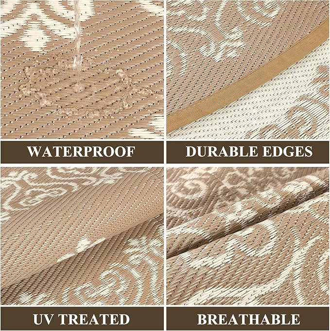 Pauwer Waterproof Outdoor Rug 8ft, Reversible Plastic Straw Patio Camping Rug, Indoor Outdoor RV Mat Carpet for Deck, Camper, Porch, Balcony, Backyard, Picnic, Floral Brown
