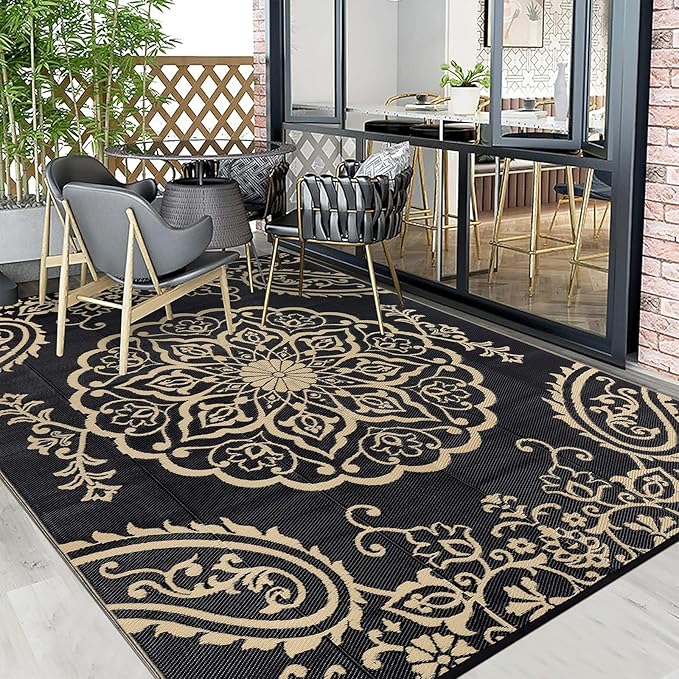 Pauwer Waterproof Outdoor Rug 8x10, Reversible Plastic Straw Patio Camping Rug, Indoor Outdoor RV Mat Carpet for Deck, Camper, Porch, Balcony, Backyard, Picnic, Boho Black Brown