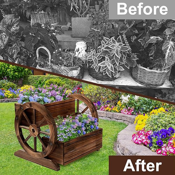 Wooden Wagon Planter Box, Garden Planter with Wheels,Decorative Planter for Flowers Herbs Vegetables for Indoor & Outdoor Décor, Flower Cart for Patio Garden Balcony