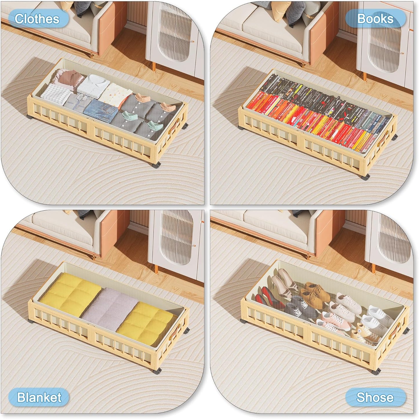 efluky 2-Pack Bamboo Under Bed Storage with Wheels, Rolling UnderBed Storage Basket with Large Dust Bag, Under Bed Storage Containers for Bedroom, Dorm and Basement, Nature