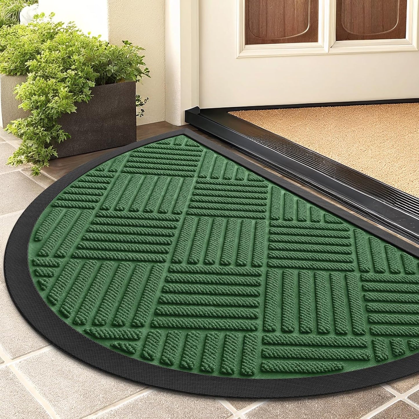 Smiry Half Circle Front Door Mat Outside Entrance, Heavy Duty Outdoor Indoor Natural Rubber Doormat, Non Slip, Trap Dirt and Moisture, Easy Clean, Low Profile Patio Porch Entryway Mat, 29.5x17, Green