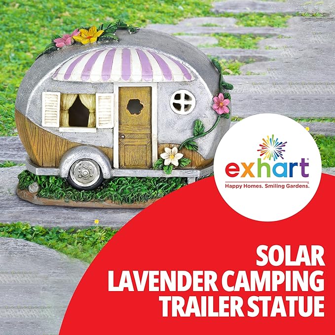 Exhart Garden Sculpture, Solar Camping Trailer with Lavender Awning Garden Statue, LED Lights, Outdoor Garden Decoration, 5 x 9 x 6 Inch
