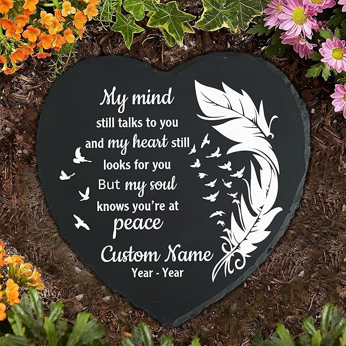 Slate Memorial Garden Stone Personalized, Stepping Stones Memorial Gifts for Loss of Loved One, in Loving Memory, Sympathy Stone, Memorial Plaque, My Mind Still Talks to You TNP42 (2, Heart)