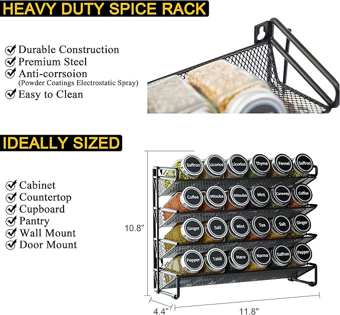 SpaceAid Spice Rack Organizer with 24 Spice Jars, 386 Spice Labels, Chalk Marker and Funnel Set for Cabinet, Countertop, Pantry, Cupboard or Door & Wall Mount -24 Jars, 11.8" W × 10.8" H, Black