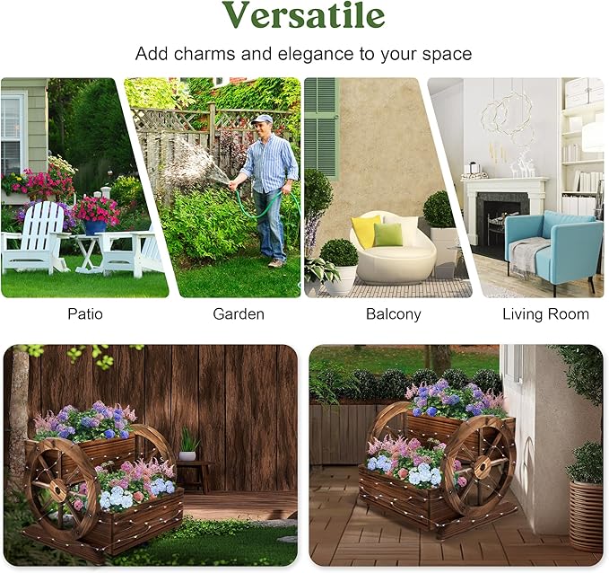 Wooden Wagon Planter Box with Solar Light, Garden Planter with Wheels,Decorative for Flowers Herbs Vegetables for Indoor & Outdoor Decor,Wooden Flower Cart for Patio Garden Balcony