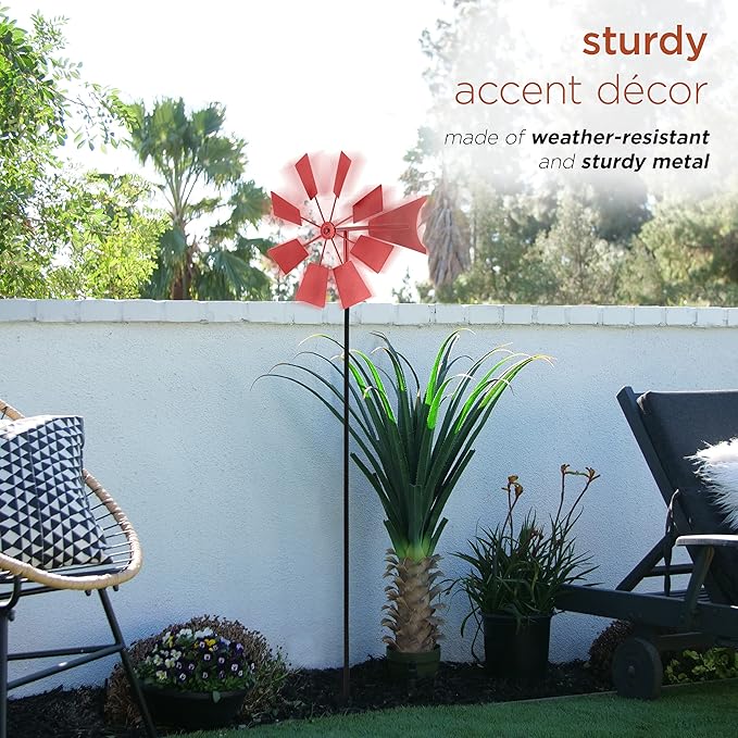 Alpine Corporation 52" Tall Outdoor Metal Windmill Spinner Stake Yard Decoration, Red