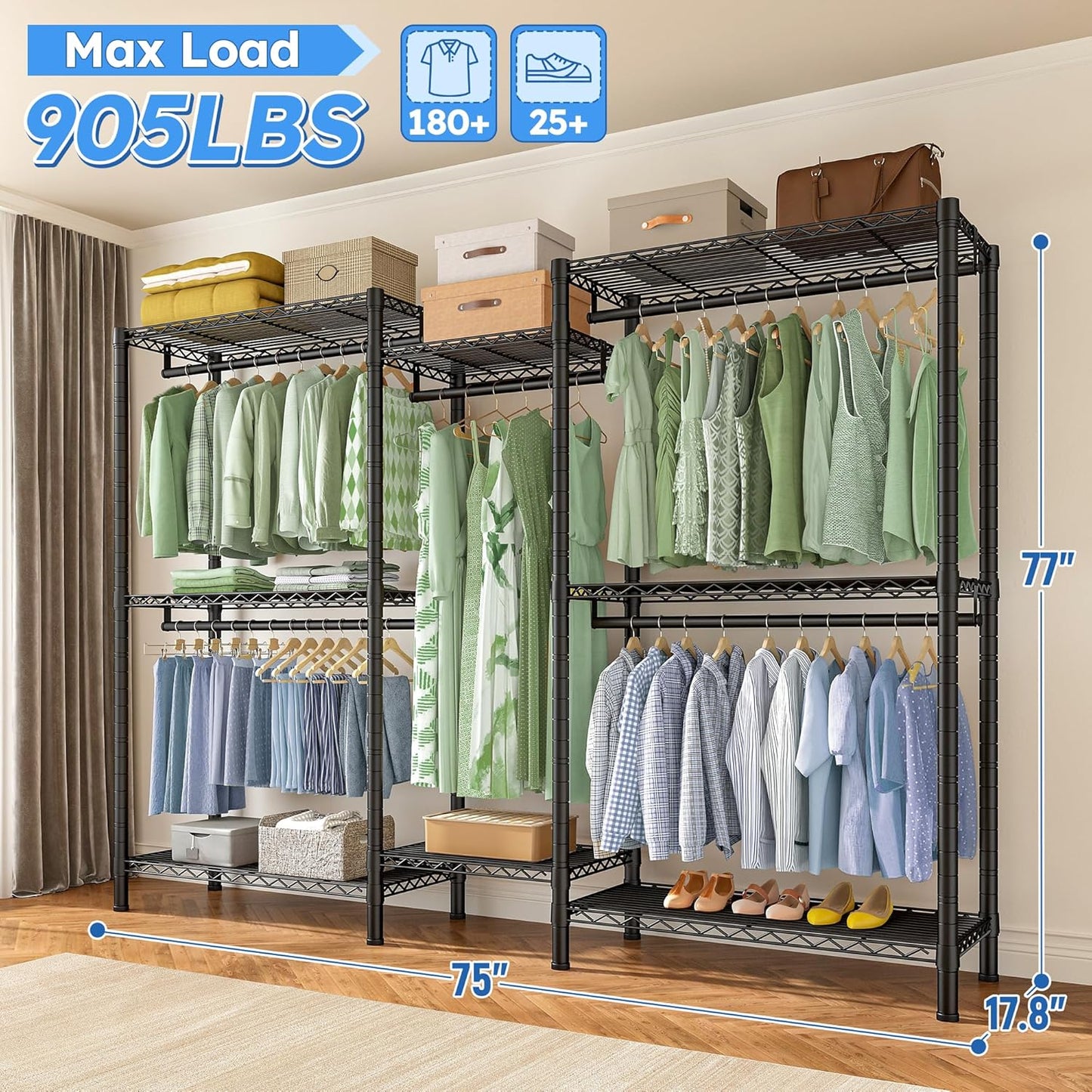 Raybee Clothes Rack Heavy Duty，Clothing Racks for Hanging Clothes with 5 Adjustable Hanging Rods, Metal Garment Rack for Bedroom, Laundry Room, Apartment,Gloss Black