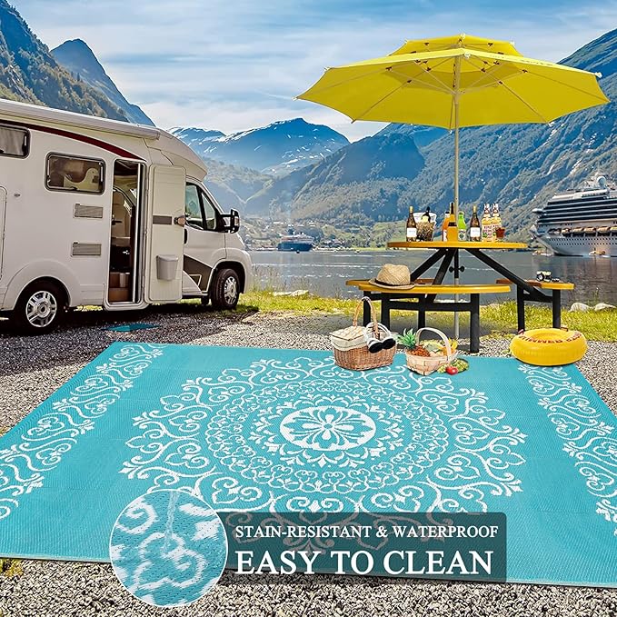Pauwer Waterproof Outdoor Rug 8x10, Reversible Plastic Straw Patio Camping Rug, Indoor Outdoor RV Mat Carpet for Deck, Camper, Porch, Balcony, Backyard, Picnic, Floral Teal