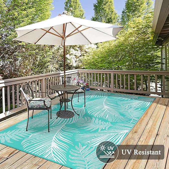 Pauwer Waterproof Outdoor Rug 8x10, Reversible Plastic Straw Patio Camping Rug, Indoor Outdoor RV Mat Carpet for Deck, Camper, Porch, Balcony, Backyard, Picnic, Leaf Light Blue