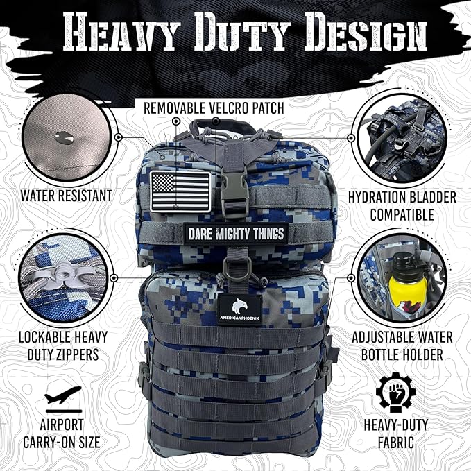 45L Elite Tactical Backpack | 3X Stronger Work & Military Backpack | Water Resistant and Heavy Duty | 3 Day MOLLE Bug Out Bag (Blue Jay)