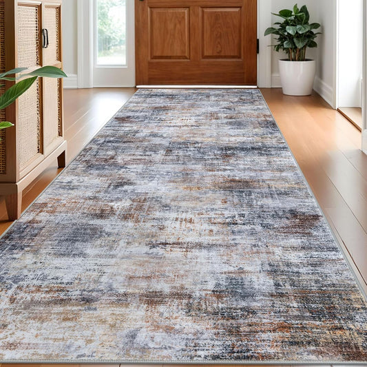 IOHOUZE Abstract Runner Rug 3x8 Ft Washable Runners for Hallways, Non Slip Kitchen Runner Printed Faux Wool Entryway Runner Indoor, Modern Abstract Floor Carpet for Hall Bedroom, Orange Grey