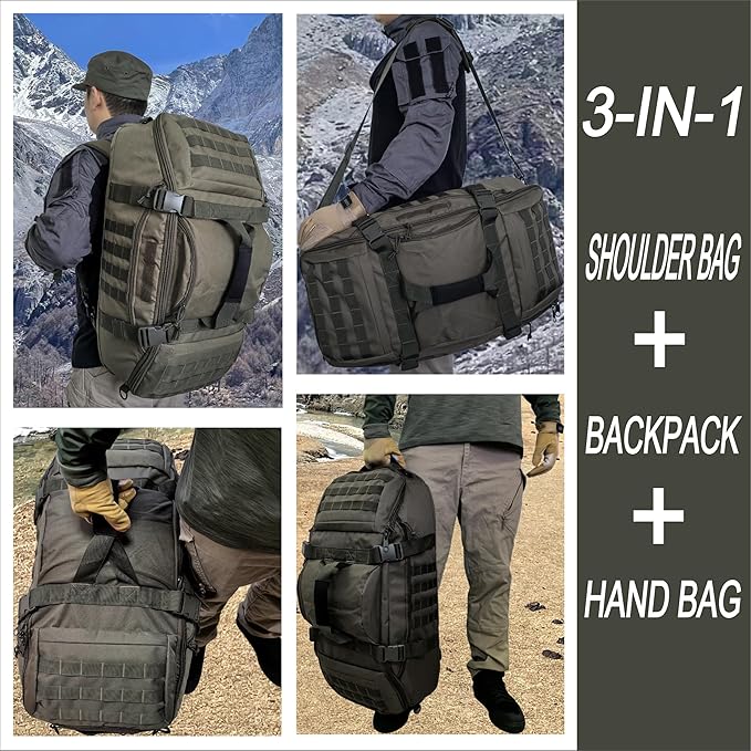 Travel Gym Duffle Bag Tactical, Gear Backpack for Men Women, Large Duffle Hand Bag for Travel, 3 in 1 Shoulder Backpack for Sports Hiking Camping, Water Resistant & Easy Clean (Army Green, 65L)