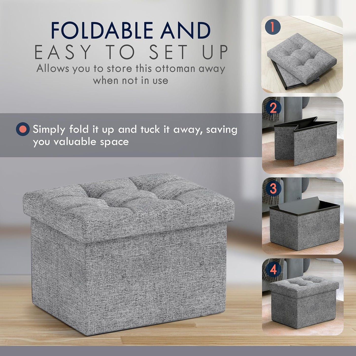 Ornavo Home Small Storage Ottoman Foldable Collapsible Rectangle Linen Ottoman Foot Rest Stool Seat, for Living Room, Bedroom, Home Office, Dorm - 12 x 16 x 12, Gray