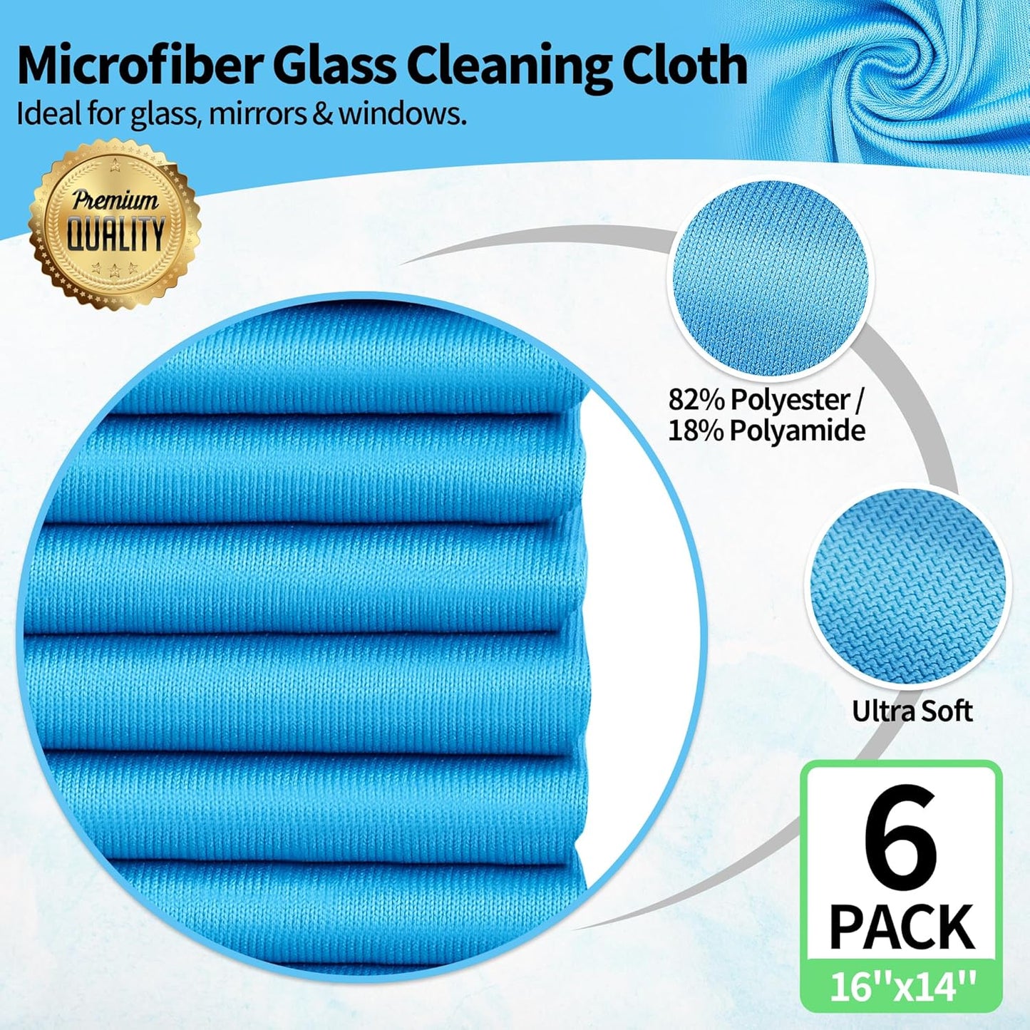 HOMERHYME Microfiber Glass Cleaning Cloth, 6 Pack Window Glass Cleaning Rags, Reusable Lint-Free Streak Free Polishing Cloth Wipes for Stainless Steel, Eyeglasses, Mirrors, Screens & Lenses,16"x14"