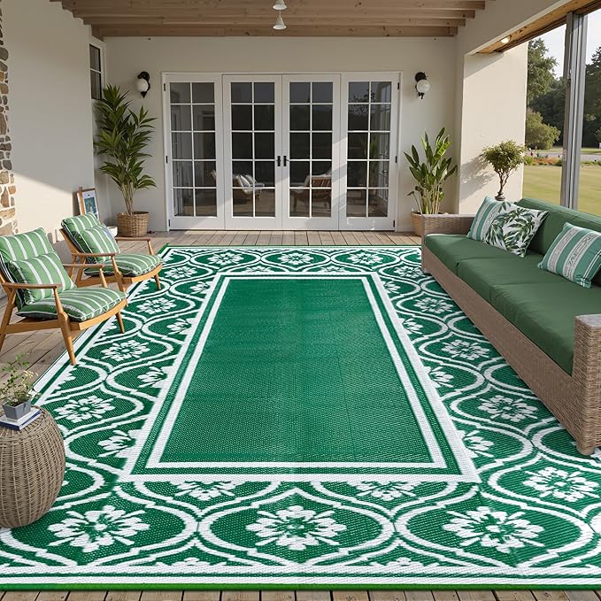 Plastic Outdoor Rug 6'x9' Waterproof Camping Carpet Outside Area Rug Reversible Green Rugs for RV Deck Entryance Porch Picnic Balcony Beach