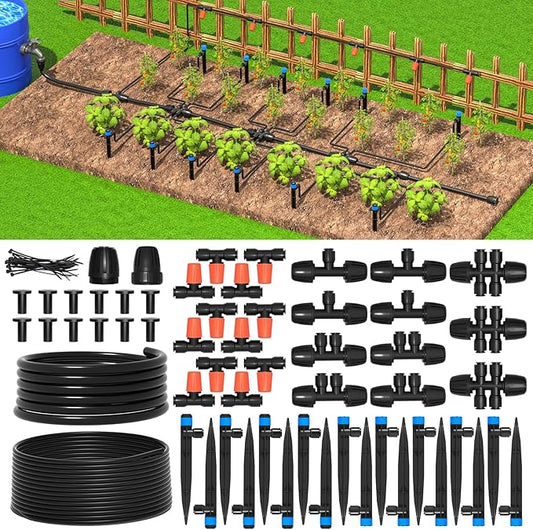 MIXC Greenhouse Micro Drip Irrigation Kit Automatic Irrigation System Patio Misting Plant Watering System with 1/4 inch 1/2 inch Irrigation Tubing Hose Adjustable Nozzle Emitters Barbed Fittings