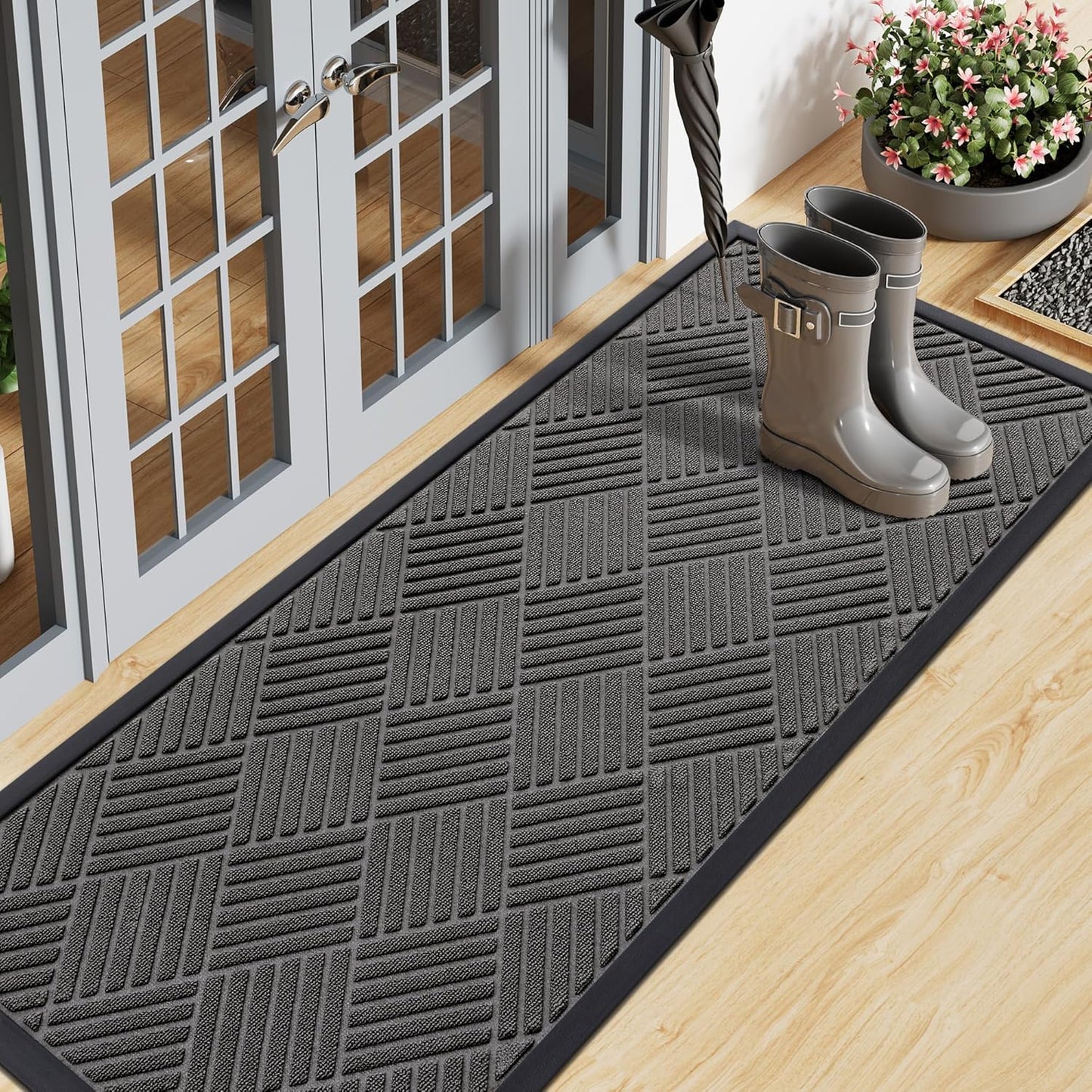 Smiry Front Door Mat Outside Entrance, Heavy Duty Outdoor Indoor Natural Rubber Doormat, Non Slip, Trap Dirt and Moisture, Easy Clean, Low Profile Patio Porch Entryway Mat, 47x17, Grey