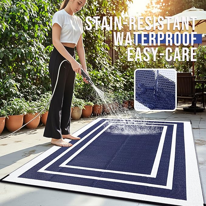 OLANLY Outdoor Rug 6x9 ft Waterproof, Reversible Outdoor Plastic Straw Rug, RV Mat, Indoor Outdoor Carpet Clearance for Patio, Camping, Balcony, Deck, Backyard, Navy & White