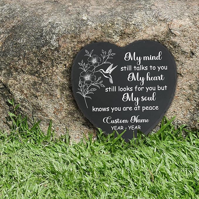 Generic Slate Memorial Stone Personalized, Hummingbird Stepping Stones Memorial Gifts for Loss of Loved One, Sympathy Stone, Memorial Plaque, My Mind Still Talks to You TNP42 (1, Heart) Gray