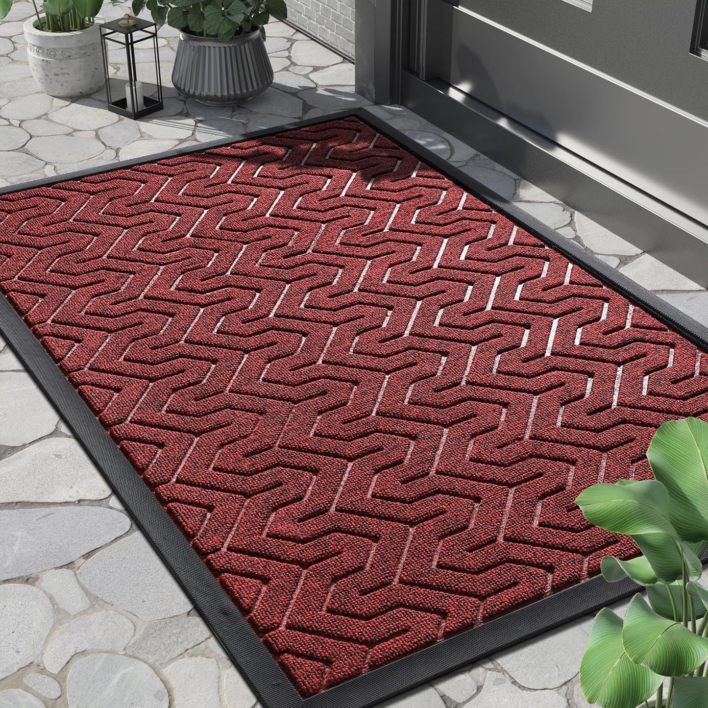 Yimobra Large Door Mat Outside Entrance 36x24, Waterproof Heavy Duty Outdoor Mats for Front Door, Non Slip Rubber Entry Mat for Garage Patio, Easy Clean, Black Red