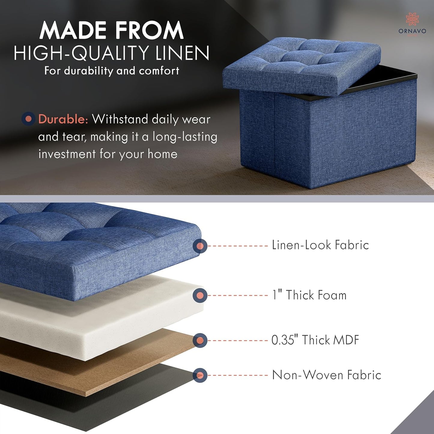 Ornavo Home Small Storage Ottoman Foldable Collapsible Rectangle Linen Ottoman Foot Rest Stool Seat, for Living Room, Bedroom, Home Office, Dorm - 12 x 16 x 12, Navy Blue