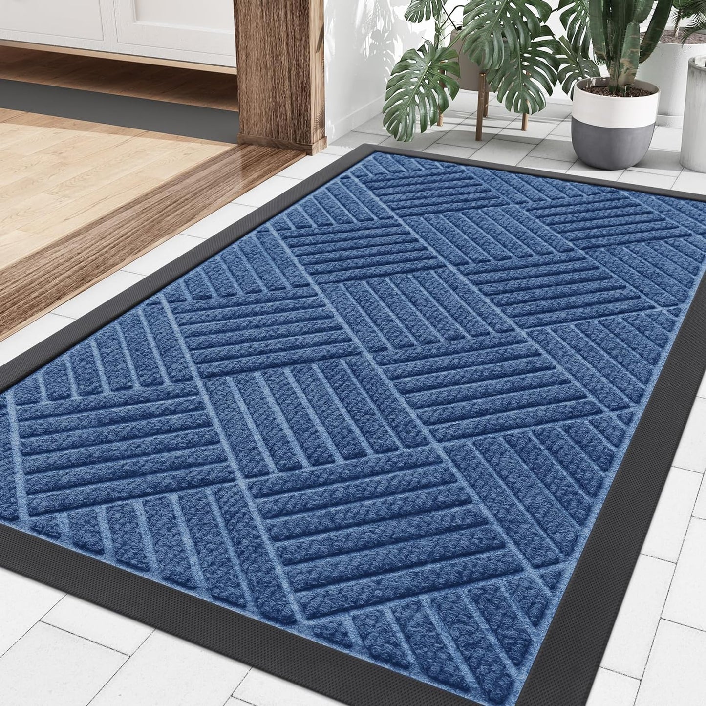Smiry Front Door Mat Outside Entrance, Heavy Duty Outdoor Indoor Natural Rubber Doormat, Non Slip, Trap Dirt and Moisture, Easy Clean, Low Profile Patio Porch Entryway Mat, 29.5x17, Blue