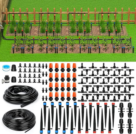 MIXC 226FT Greenhouse Micro Drip Irrigation Kit, Automatic Patio Plant Watering System with 1/4" & 1/2" Tubing, Adjustable Nozzles, Emitters, & Barbed Fittings for Efficient Irrigation