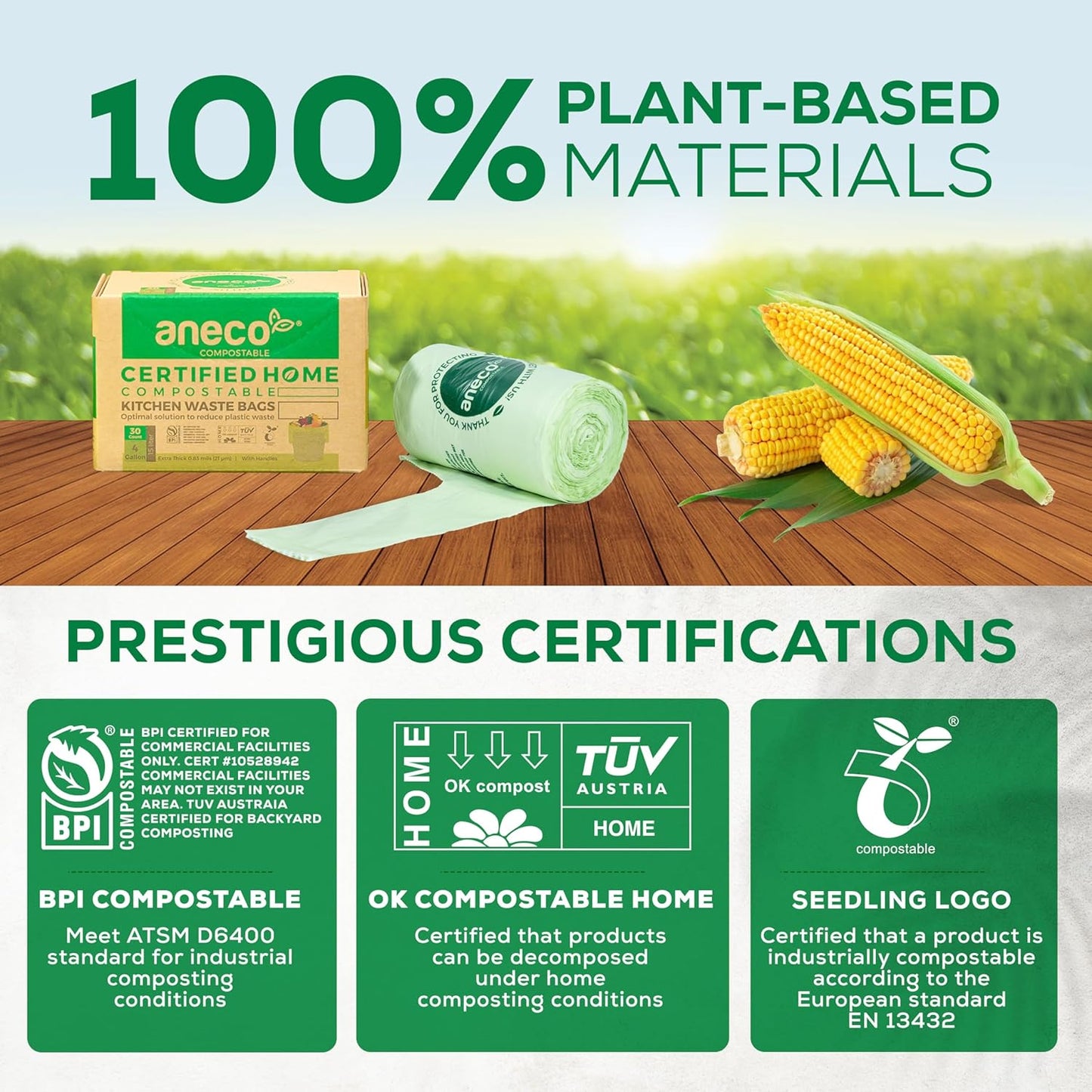 ANECO 4 Gallon Compostable Food Waste Bags with Handles, Extra Thick Compost Bags for Medium Kitchen Garbage/Bathroom Bin, OK Compost HOME & BPI Certified Compostable Bags