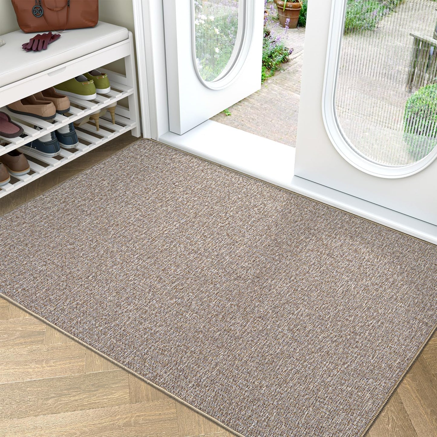 LUMI Ultra Thin Door Mat for Entryway,48"x72" Low Profile Non Slip Rubber Backing Indoor Doormat, Easy Clean Welcome Entrance Mat for Inside House, Patio, Beige
