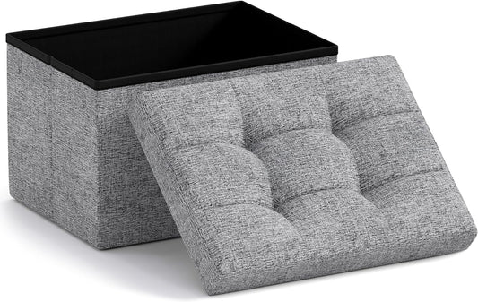 Ornavo Home Small Storage Ottoman Foldable Collapsible Rectangle Linen Ottoman Foot Rest Stool Seat, for Living Room, Bedroom, Home Office, Dorm - 12 x 16 x 12, Gray