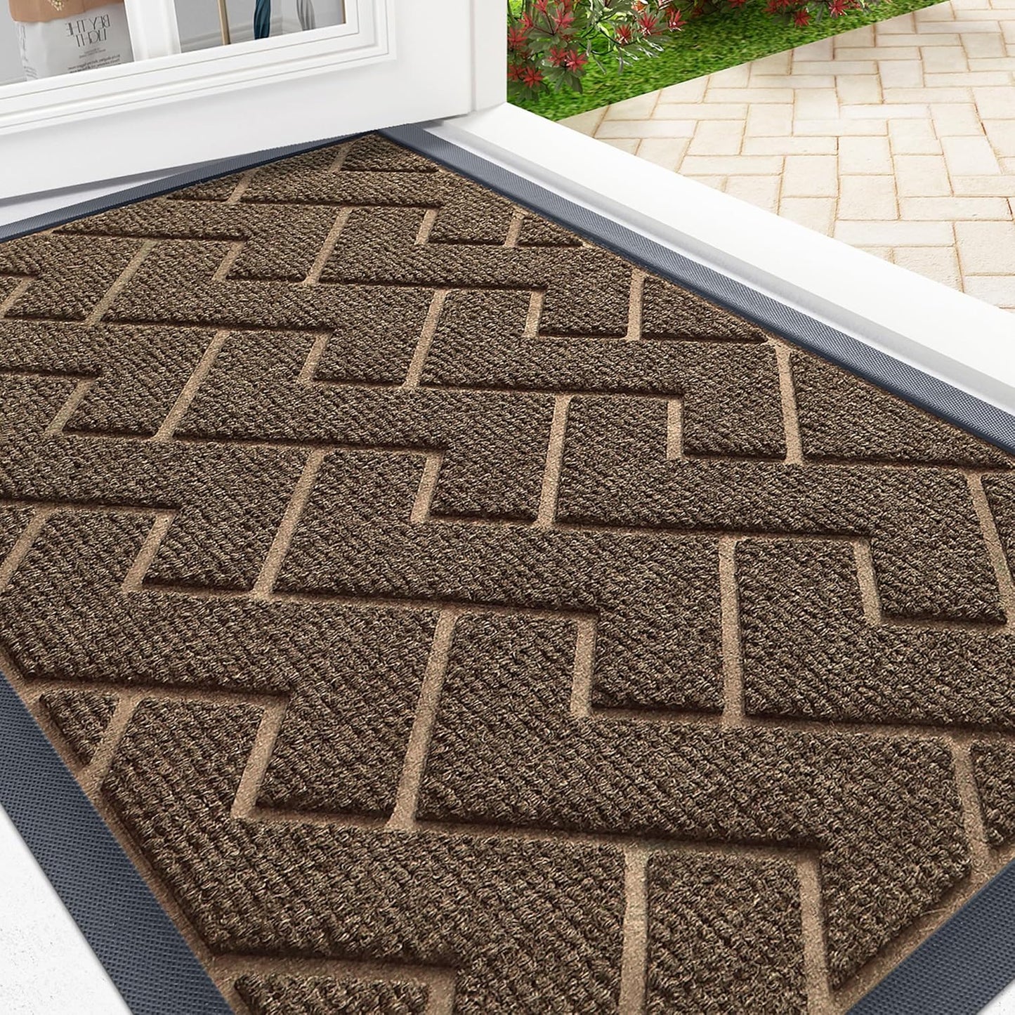 OLANLY Front Door Mat Indoor Outdoor Entrance, Waterproof All-Season, All-Weather Doormat, Sturdy Natural Rubber, Low Profile, Easy Clean Patio Porch Entryway Mat, Herringbone Brick (Brown, 29.5x17)