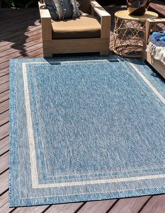 Unique Loom Outdoor Border Collection Area Rug - Soft Border (4' 1" x 6' 1" Rectangle, Blue/ Ivory)