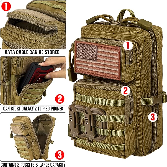 bvya Tactical Molle EDC Utility Pouch Compact Tool Pouch Mini Waist Bag Crossbody Backpack-Design Phone Pouch with Shoulder Strap Flag Patch and D-Rings