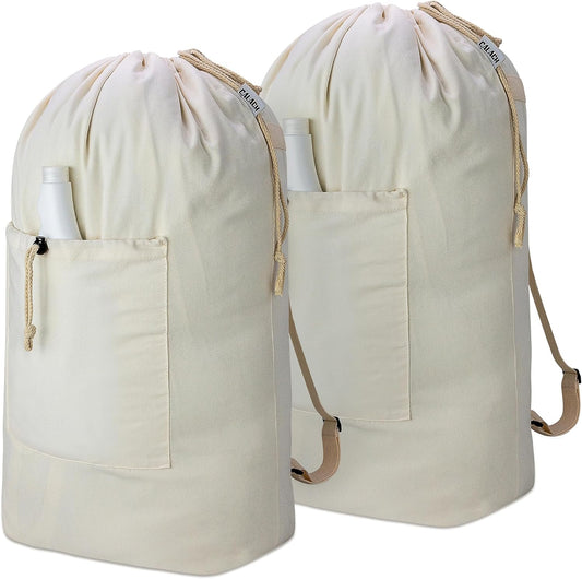 Laundry Bag Backpack, Canvas Laundry Bag with Straps & Drawstring Closure Washable Dirty Cloth Hamper Bag with Large Front Pocket for College, Travel, Laundromat, Camping (2 Pack)