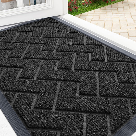 OLANLY Front Door Mat Indoor Outdoor Entrance, Waterproof All-Season, All-Weather Doormat, Sturdy Natural Rubber, Low Profile, Easy Clean Patio Porch Entryway Mat, Herringbone Brick (Black, 29.5x17)
