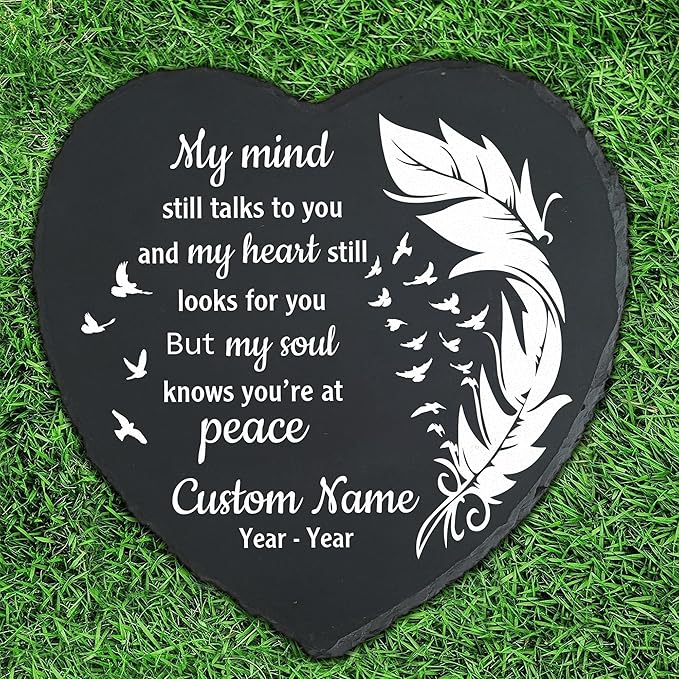 Slate Memorial Garden Stone Personalized, Stepping Stones Memorial Gifts for Loss of Loved One, in Loving Memory, Sympathy Stone, Memorial Plaque, My Mind Still Talks to You TNP42 (2, Heart)