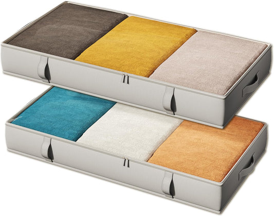 Vailando Under Bed Storage Containers, Underbed Storage Bins, 6 Inches Tall Clothes Storage Box with Sturdy Handles and Sidewalls, Foldable, Gray, 2-Pack