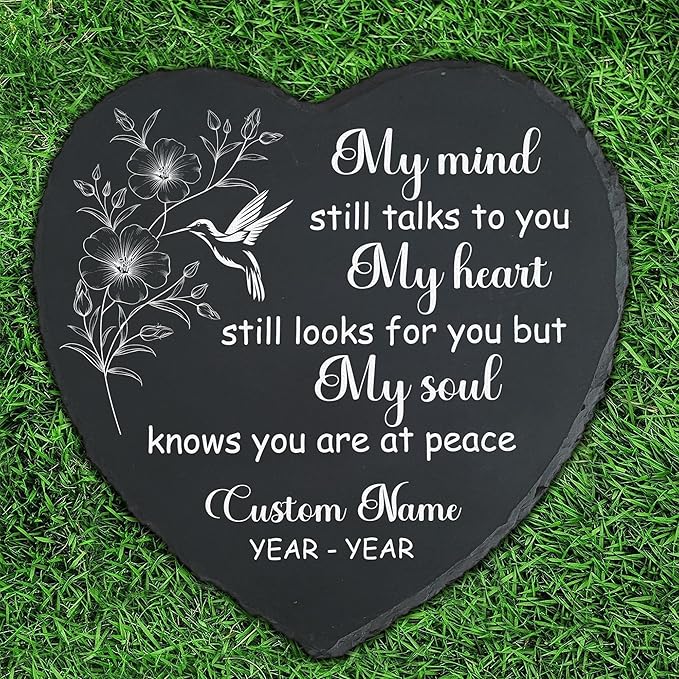 Generic Slate Memorial Stone Personalized, Hummingbird Stepping Stones Memorial Gifts for Loss of Loved One, Sympathy Stone, Memorial Plaque, My Mind Still Talks to You TNP42 (1, Heart) Gray